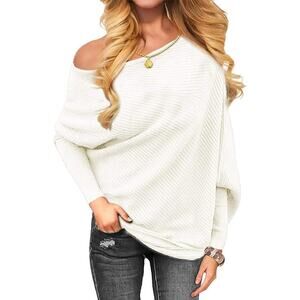 White Off Shoulder Knit Long Sleeve Pullover Sweater XL